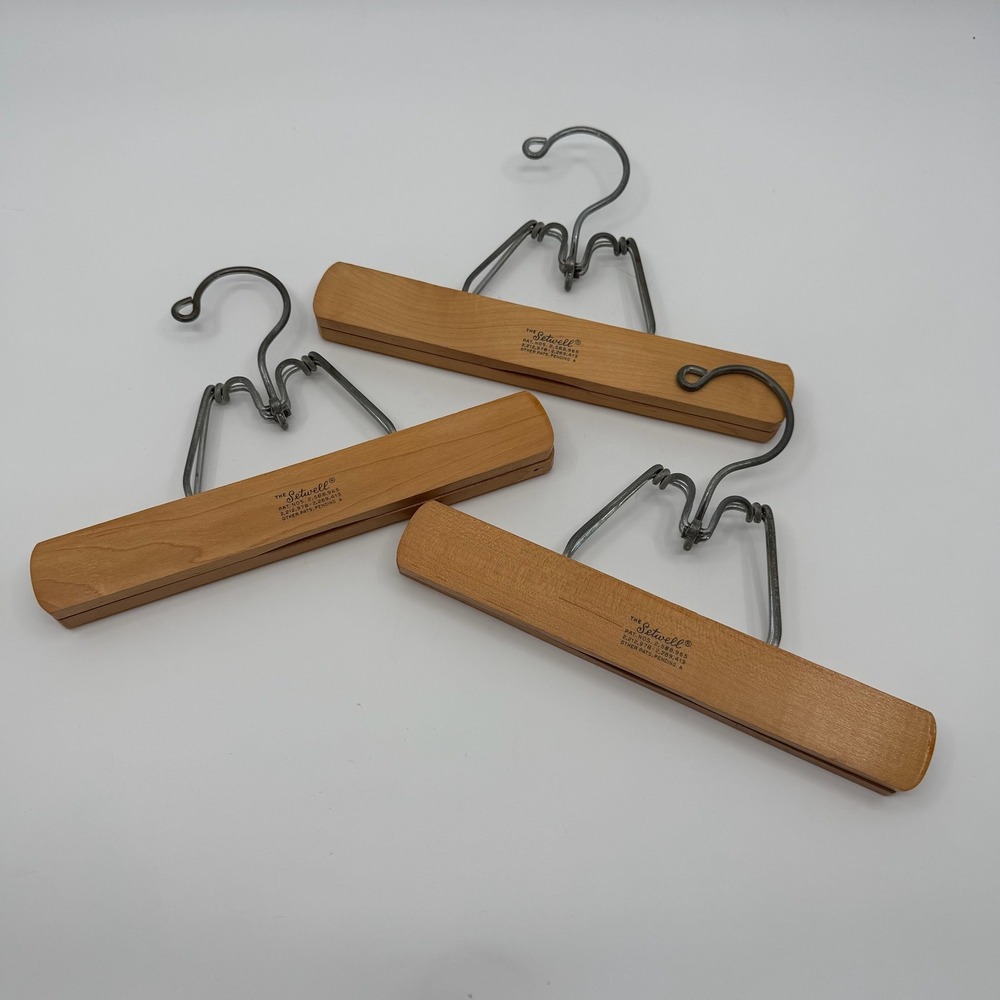 Vtg Setwell Clamp Pants Hangers LOT of 3 Wooden Metal Hook MCM Retro Clamping